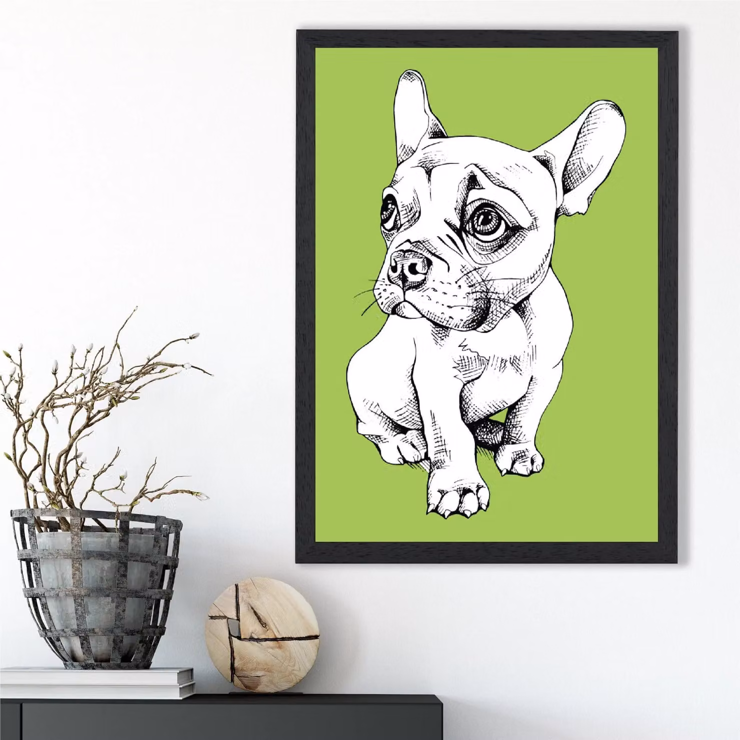 ARTZE Sketch French Bulldog Illustration Framed Print in Bright Green and Black, A2 – 2