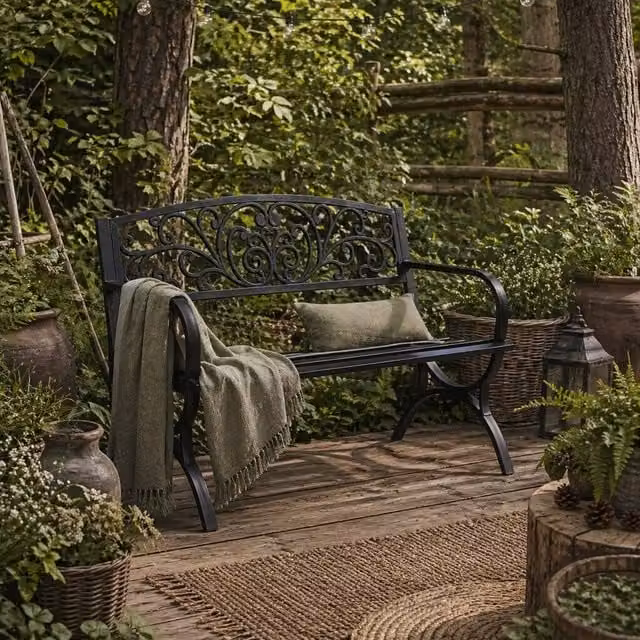 Wyld Haus Yota Nile Garden Bench in Black Powder Coated Steel, W/D/H: 127 x 60 x 85 cm – 1
