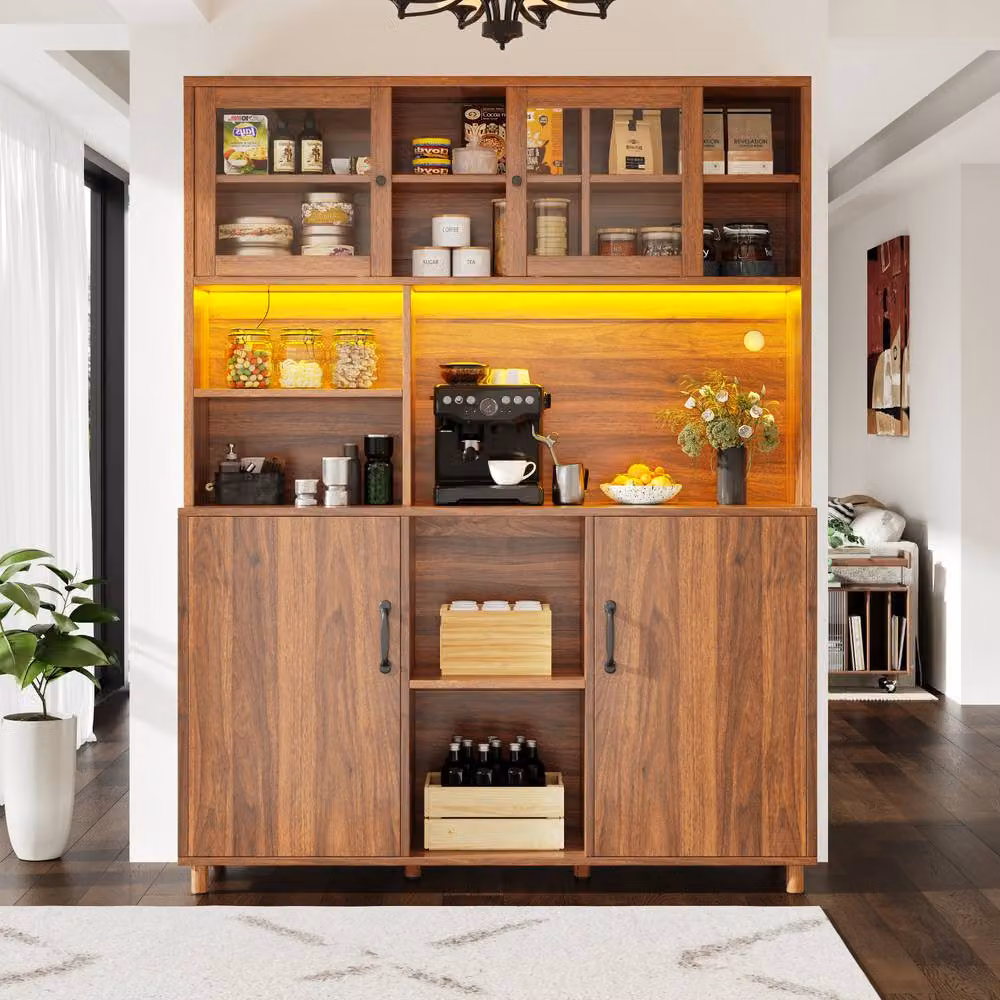 BTM Modern Tall Kitchen Sideboard in Brown with LED Lighting and Glass Doors, W/D/H: 140 x 40 x 185 cm – 2