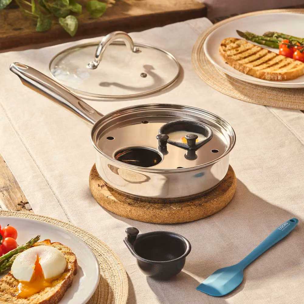 Cooks Professional Stainless Steel Egg Poacher Saute Pan with Glass Lid and Spatula, Silver, Diameter: 19.5 cm – 2
