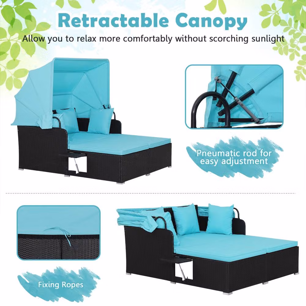 Gymax 2 Seater Blue Rattan Garden Daybed with Sun Canopy and Side Tray – 6