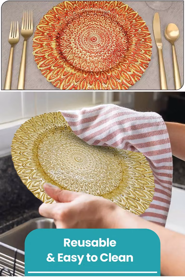 Neel Blue Peacock Design Glass Charger Serving Platters in Blue and Gold, Diameter: 33 cm