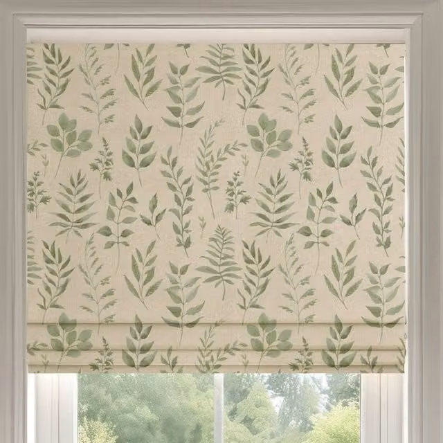 ANTE DECOR Willow Printed Green Cotton Made To Measure Blackout Roman Blind with Floral Nature Design