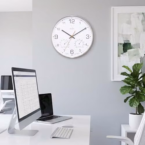 Acctim Komfort Silent Analog Wall Clock with Thermometer and Hygrometer in Metallic Silver – 2