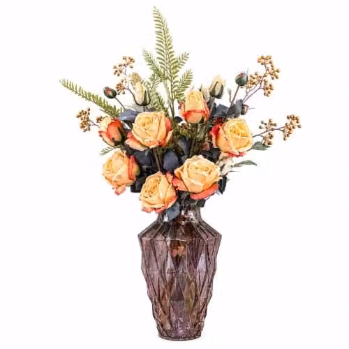 Leaf Design Artificial Rose Flower Display with Geometric Glass Vase in Brown, Yellow and Multicolour, H 65 cm x W 40 cm x D 40 cm