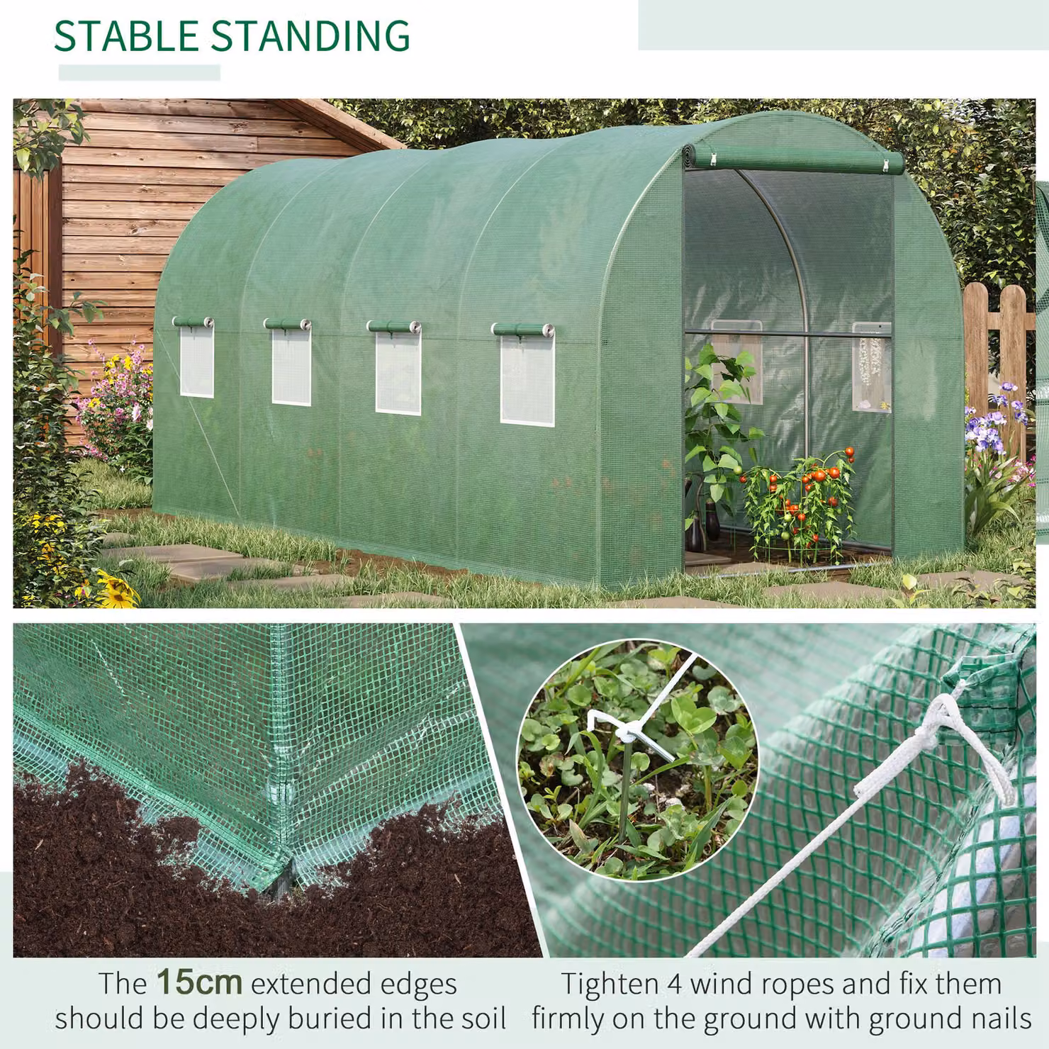 Outsunny Green Polytunnel Walk-in Greenhouse with Zip Door and Windows – 2