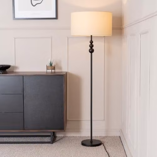 ValueLights Matt Black Stacked Ball Floor Lamp with Beige Fabric Drum Shade and LED Bulb – 3