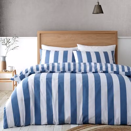 Catherine Lansfield Cove Stripe Reversible Double Duvet Cover and Pillowcase Set in Blue and White, W/D/H: 200 x 200 cm – 1