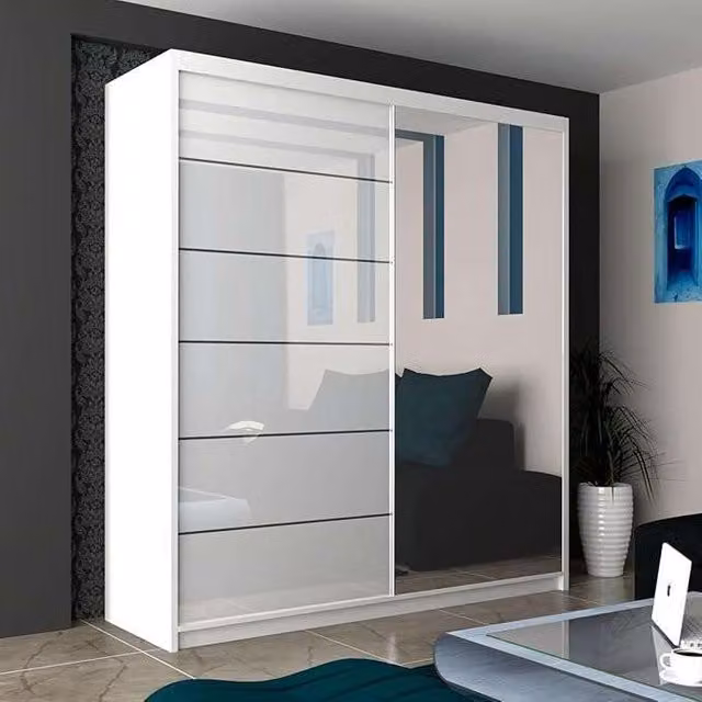 Sliding Wardrobes 4U High Gloss Double Sliding Wardrobe with LED Light, White, W: 200 cm, H: 217 cm, D: 62 cm – 1