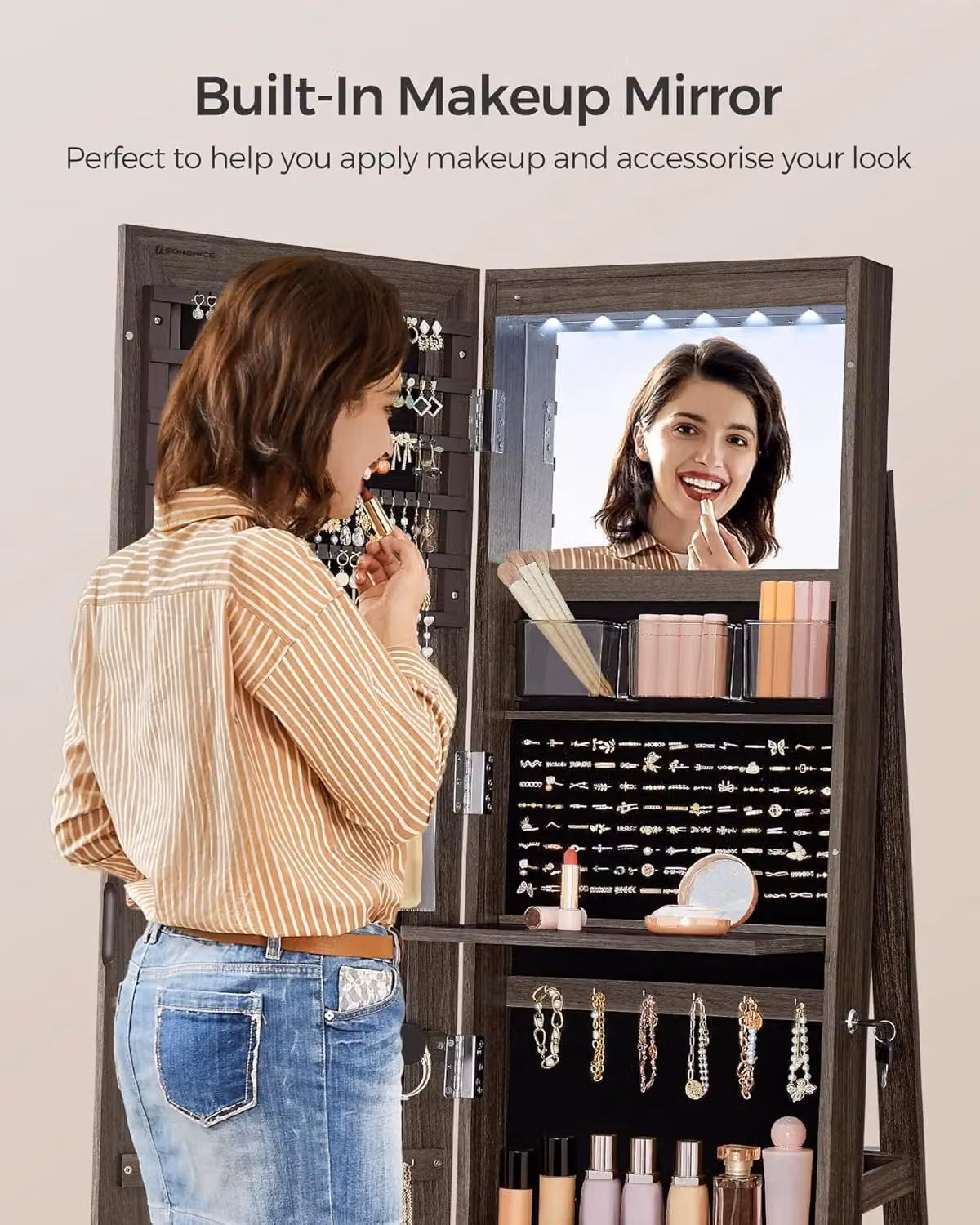 SONGMICS LED Jewellery Cabinet with Lockable Storage and Mirror in Dark Brown – 6