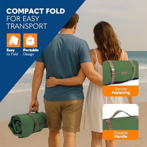 Voyager Green Herringbone Picnic Blanket, W/D/H: 200 x 200 x 200 cm, Waterproof and Sandproof Foldable Outdoor Mat with Carry Handle – 4