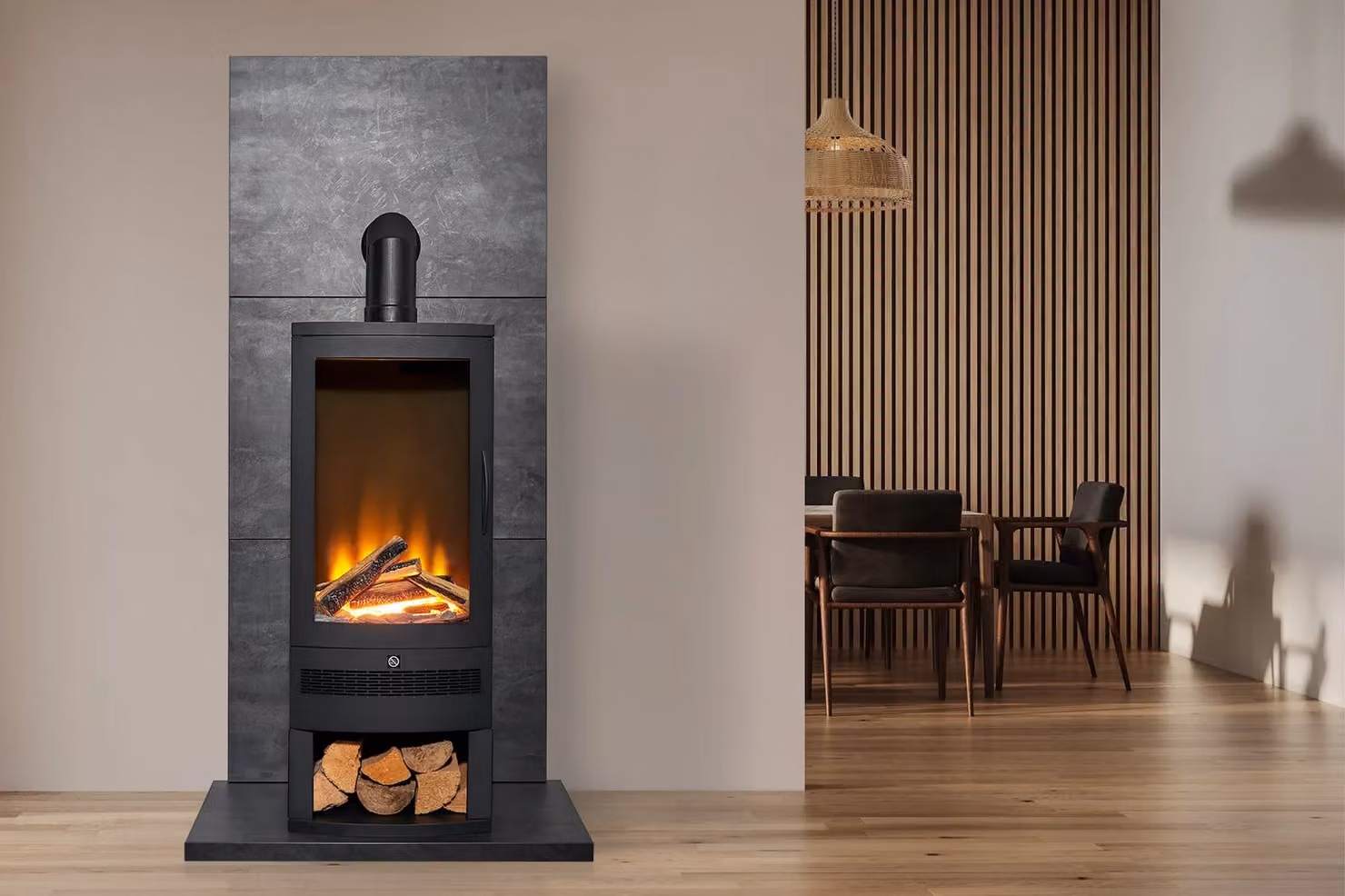 Acantha Tile and Hearth Set in Slate Effect with Horizon Stove and Log Storage, Black – 2