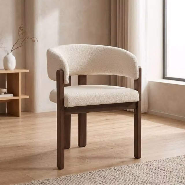 STILVORA Set of 2 Modern Dining Chairs with Solid Wood Frame and Beige Bouclé Fabric in Walnut
