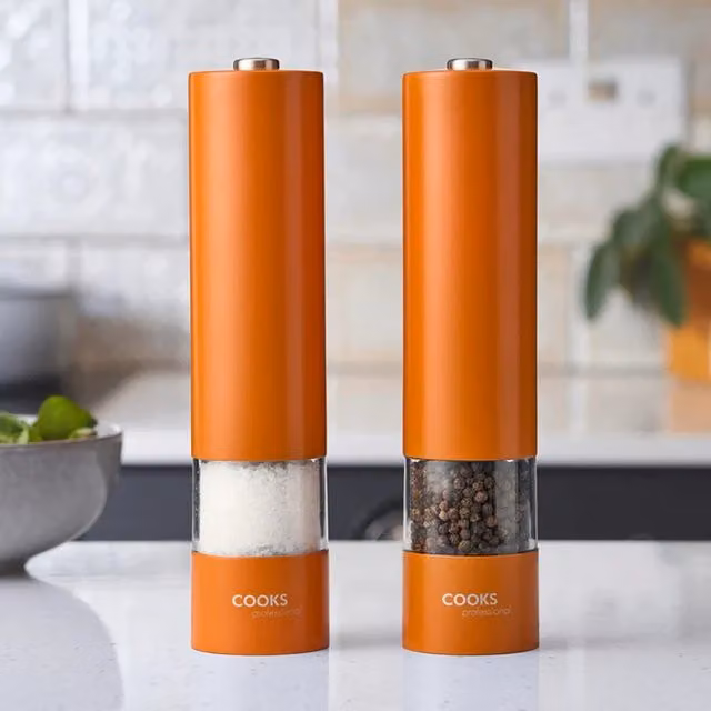 Cooks Professional Electric Stainless Steel Automatic Salt and Pepper Mill Set in Orange