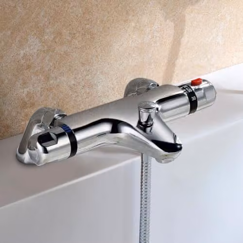 Nes Home Chrome Brass Deck Mounted Thermostatic Bath Shower Mixer Tap with Safety Stop and Shower Set