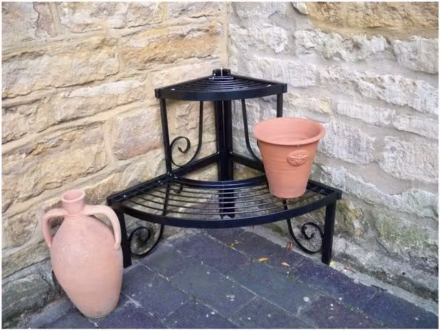 Poppyforge 2 Tier Corner Garden Stand, Matt Black Steel, W/D/H: 50.8 x 43.1 x 82.5 cm