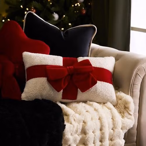 OHS Bow Wrapped Boucle Scatter Cushion in Red and White, W: 50 cm, H: 30 cm – 1