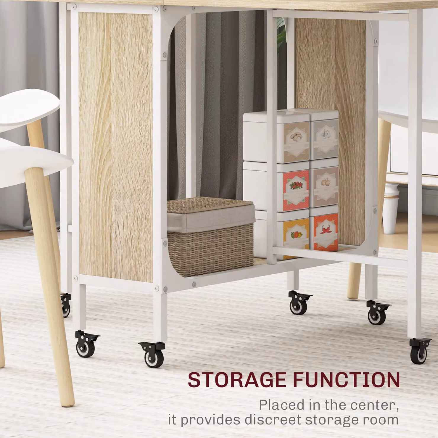 HOMCOM Mobile Drop Leaf Dining Table with Storage Shelf and Castors in Yellow – 3