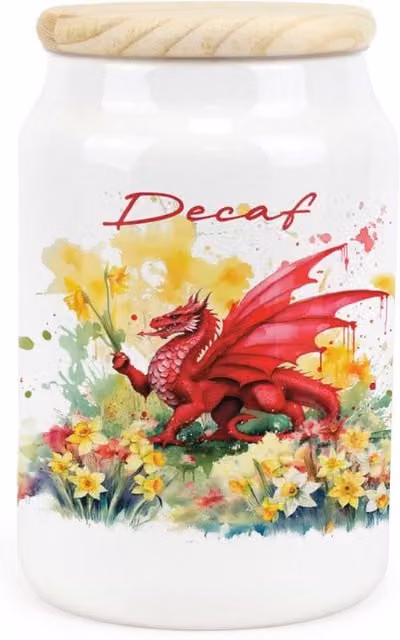 Purely Home Welsh Dragon and Daffodils Ceramic Airtight Decaf Storage Canister in Red, Yellow, Green and White