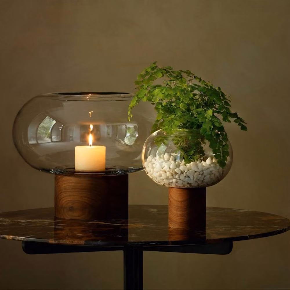 LSA Oblate Glass Vase Lantern with Walnut Base, Clear – 2