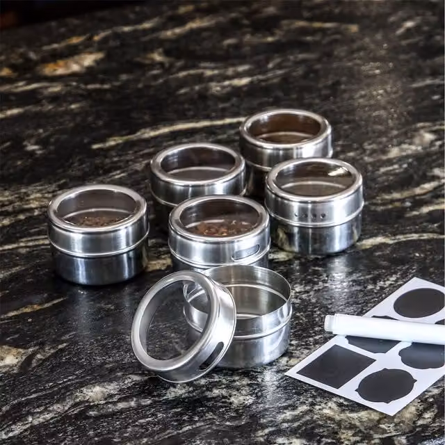 Maison & White Set of 12 Magnetic Stainless Steel Spice Tins in Silver