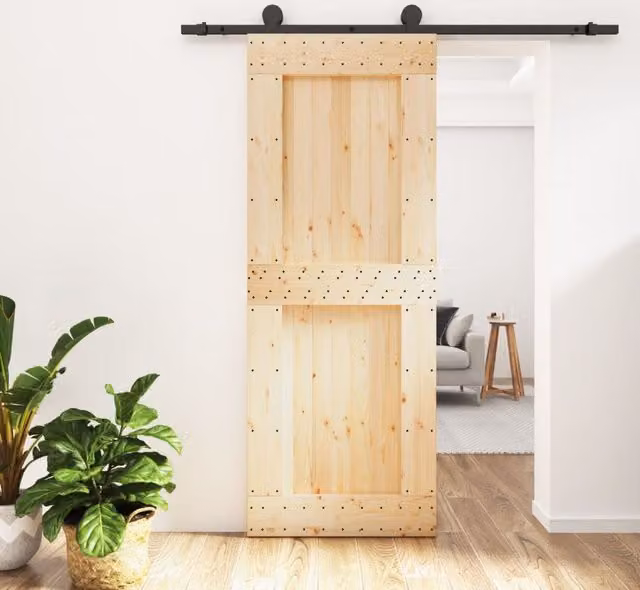 Berkfield Home Modern Sliding Door with Hardware Set, Solid Wood Pine, Brown, W: 80 cm, H: 210 cm