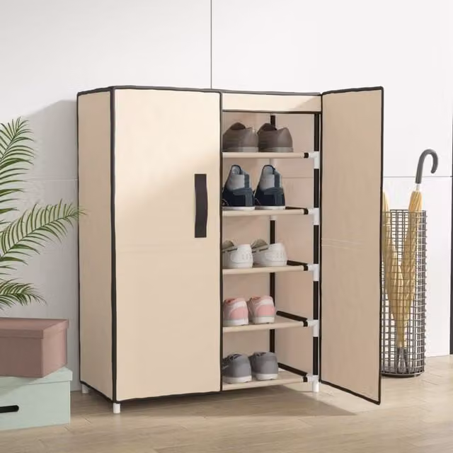 Berkfield Home Beige Fabric Shoe Cabinet with Hinged Doors, W/D/H: 60 x 28 x 90 cm