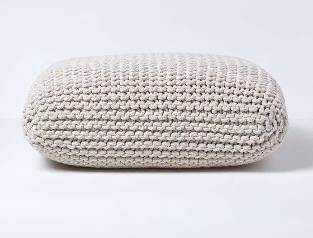 Homescapes Square Cotton Knitted Pouffe Floor Cushion in Beige