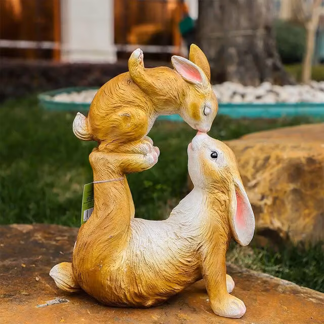 Voltico Easter Mother and Baby Hare Garden Ornament, Light Brown Resin Spring Bunny Decor, Height: 33 cm – 1