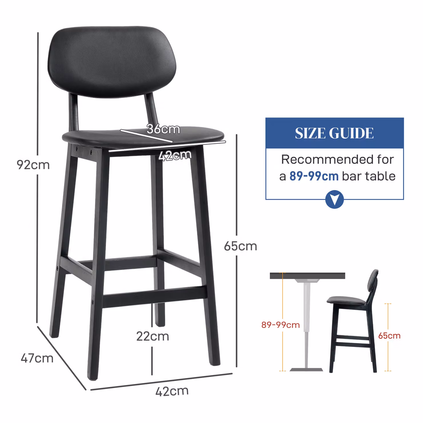HOMCOM Set of 2 Modern Faux Leather Upholstered Bar Stools with Backs and Wood Legs, Black – 3