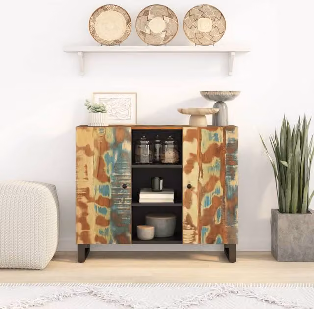 Berkfield Home Reclaimed Solid Wood Sideboard with 2 Doors, Multicolour, W/D/H: 90 x 33 x 75 cm