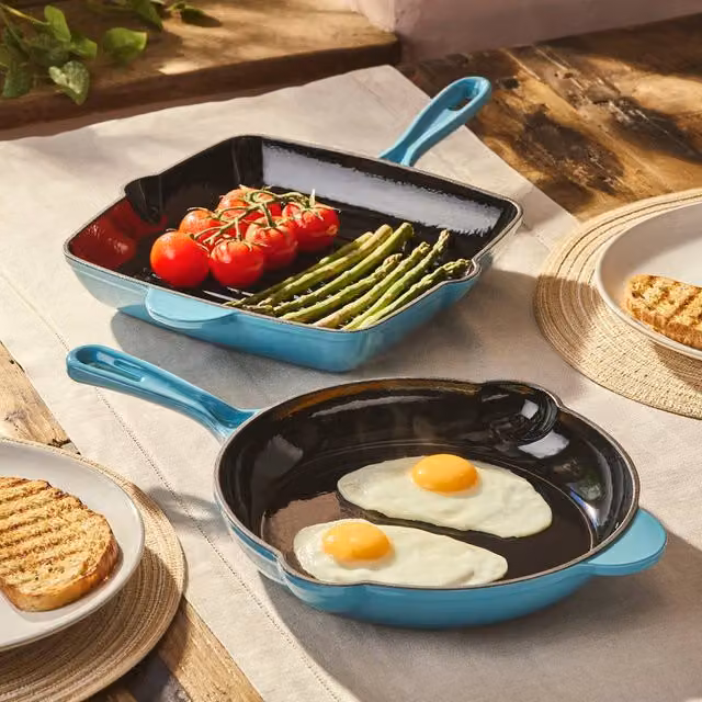 Cooks Professional 2 Piece Enamelled Cast Iron Frying Pan and Skillet Set in Petrol – 2