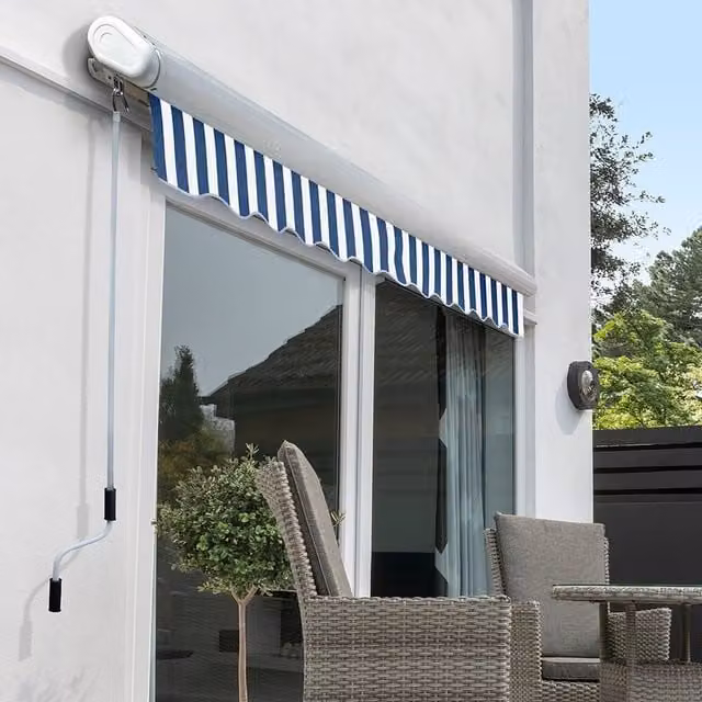 Primrose Electric Full Cassette Patio Awning with Motor, Blue and White Striped, W: 250 cm, D: 200 cm