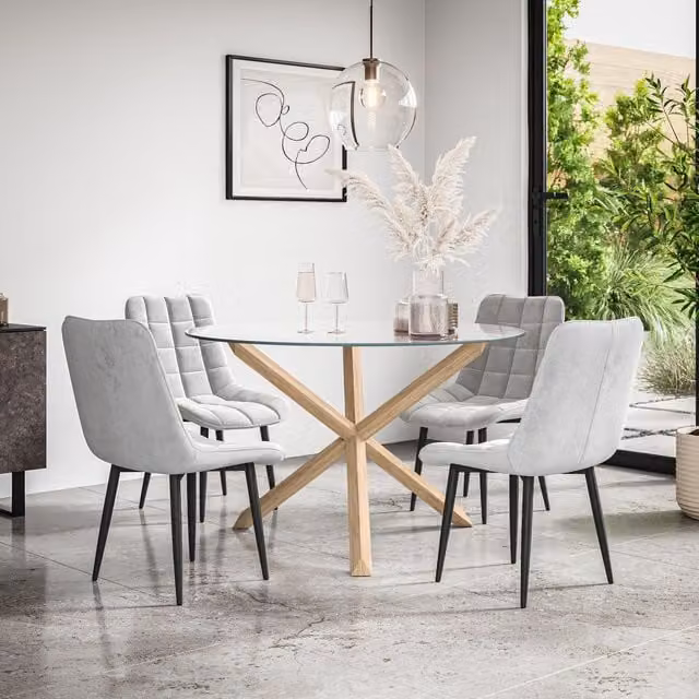 More4Homes Malvern Round Dining Table with Clear Glass Top and Solid Oak Legs and 4 Grey Nova Velvet Dining Chairs, Diameter: 120 cm, Height: 75 cm – 1