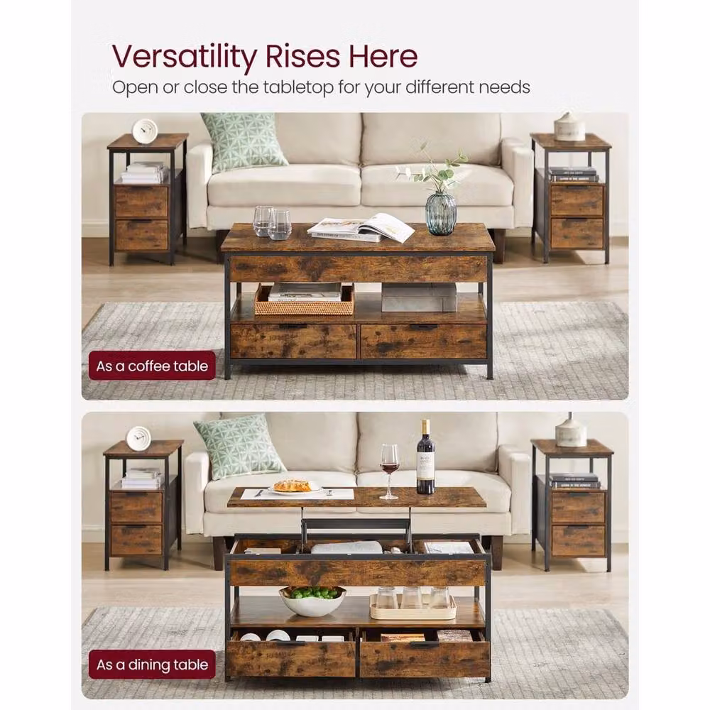 SPETLEK Industrial Brown Living Room Table with Height-Adjustable Lift Mechanism and Storage Drawers, W/D/H: 100 x 48 x 63 cm – 3