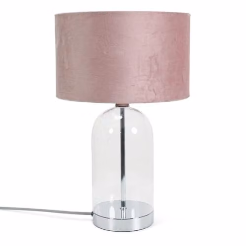 ValueLights Glass and Silver Chrome Table Lamp with Pink Velvet Lampshade and Warm White LED Bulb