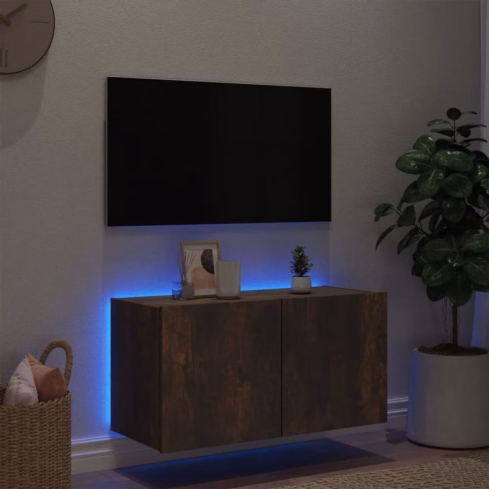 Berkfield Home Modern Wall-Mounted TV Cabinet with Integrated LED Lights in Smoked Oak Brown, W: 80 cm, D: 35 cm, H: 41 cm – 4
