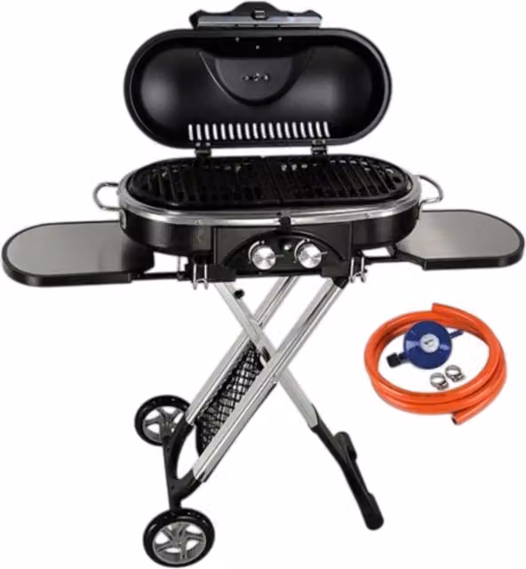 Modern Outdoor Living Portable 2-Burner Gas BBQ with Cast Iron Grill and Thermometer, Black