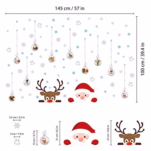 WALPLUS Christmas Window Stickers, 83 Piece Reusable Double-Sided Decals for Glass Windows with Santa and Rudolph Designs, Multicolour – 3