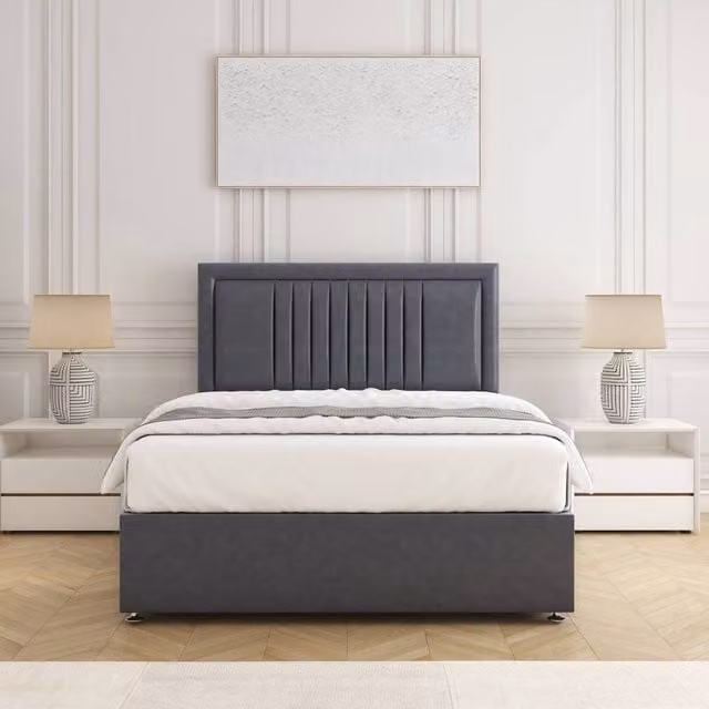 BSSPOKE Canes Divan Bed Set with 24 inch Headboard and Mattress in Grey Plush Velvet, Double, W/D/H: 140 x 200 cm