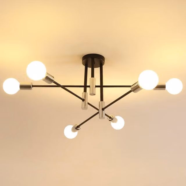 COMELY Industrial 6-Light Vintage Sputnik Ceiling Chandelier in Black and Gold/Brass, Diameter: 72 cm