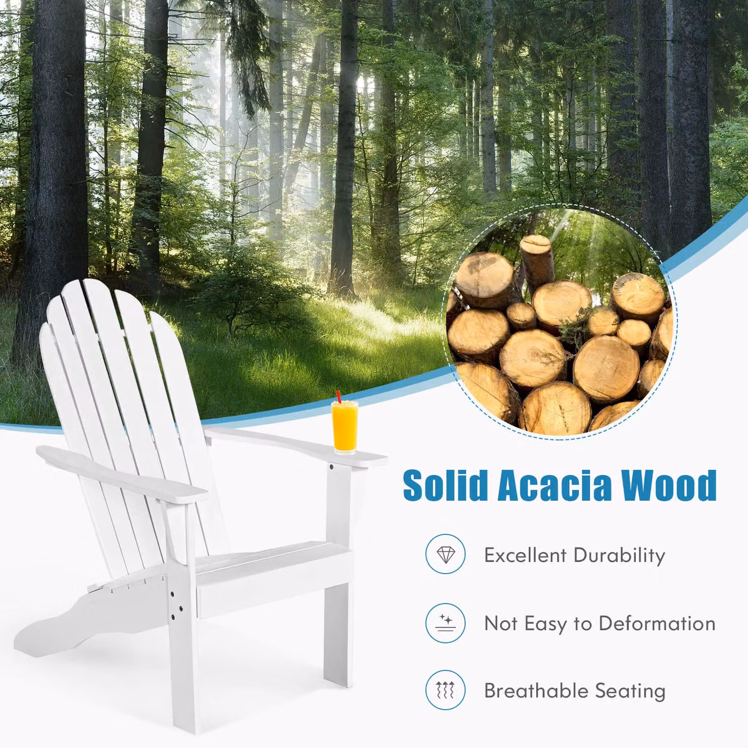 Costway Acacia Wood Adirondack Lounger Chair with Slatted Seating in White – 2