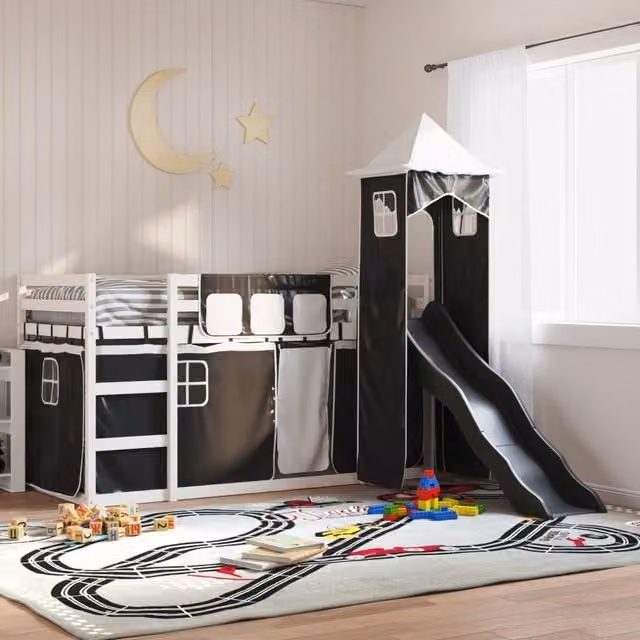 Berkfield Home Two-Level Childrens Bunk Bed with Slide in White and Black, Solid Pine Wood, W/D/H: 90 x 200 cm