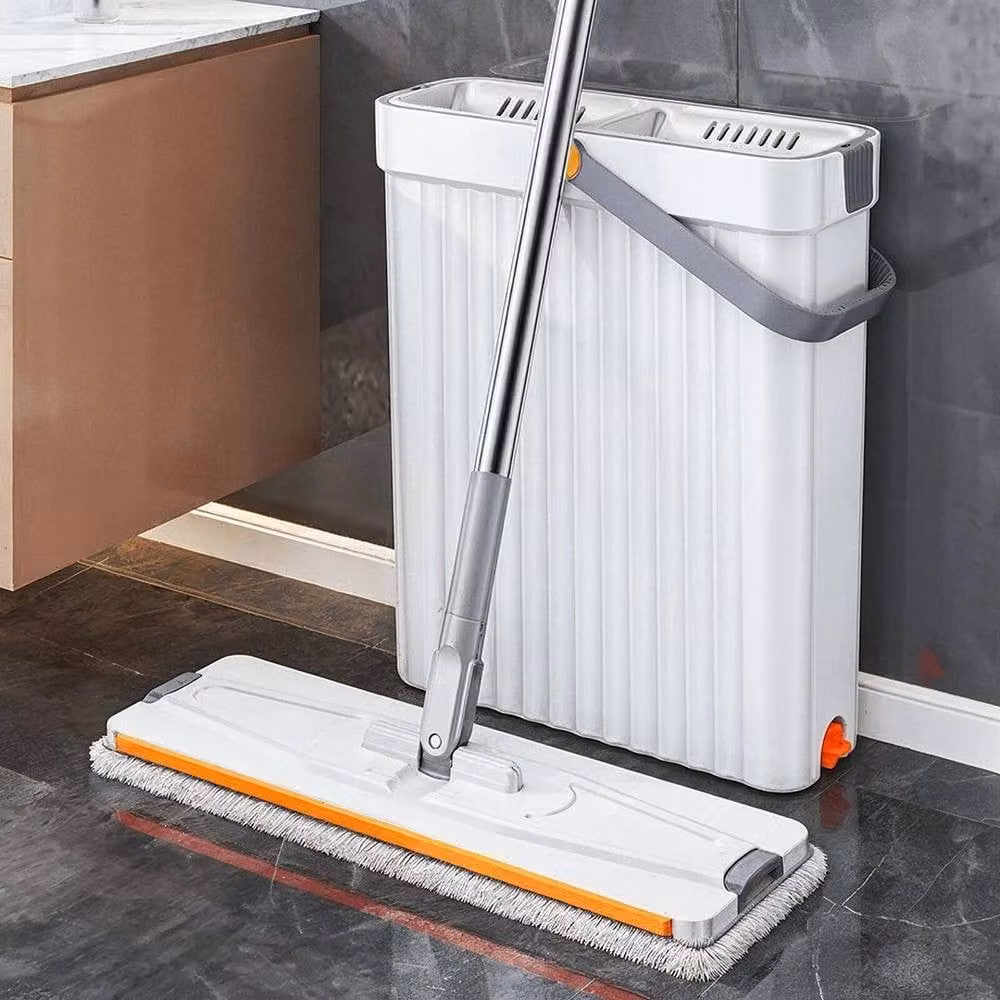 EONLION Premium Flat Mop and Bucket Set with Wringer and Microfibre Refillable Head in White – 2
