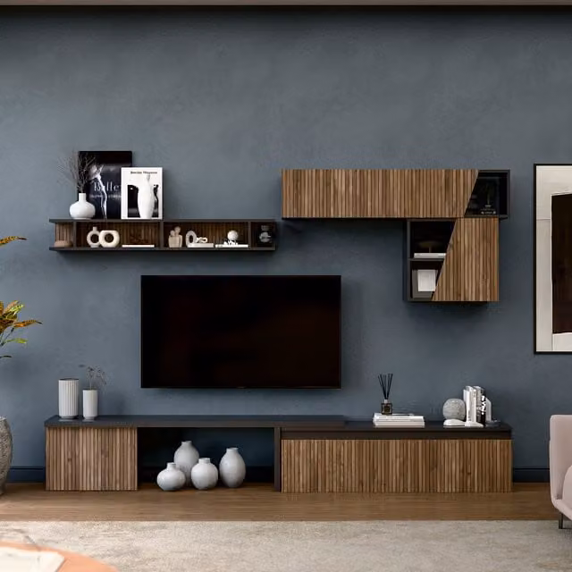 Decorotika Lille Minimalist Wall Mounted Entertainment Center in Black and Brown with Geometric Open Shelving