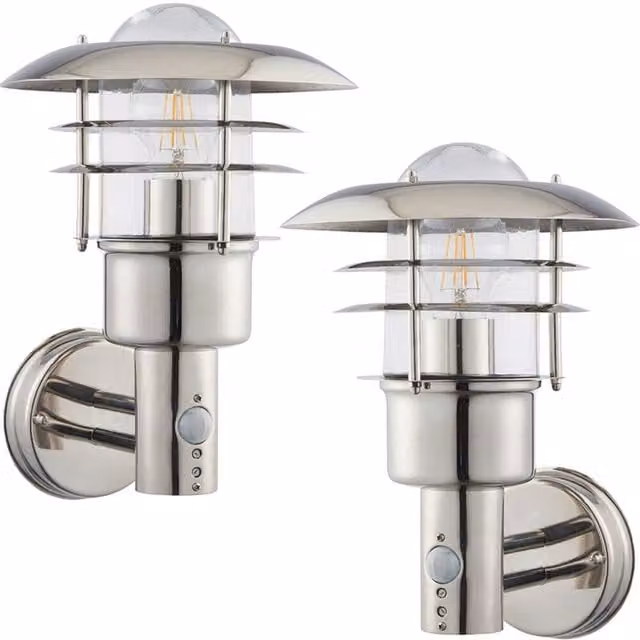 Loops 2 Pack IP44 Outdoor Wall Lanterns in Silver Stainless Steel with Transparent Glass and Motion Sensor