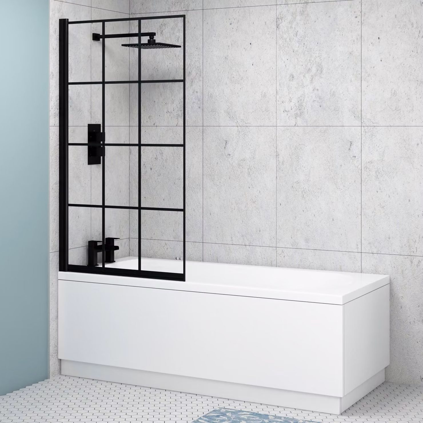 Royal Bathrooms Breeze Round Single Ended Acrylic Shower Bath in White with Black Square Grid Screen, W: 180 cm, D: 80 cm