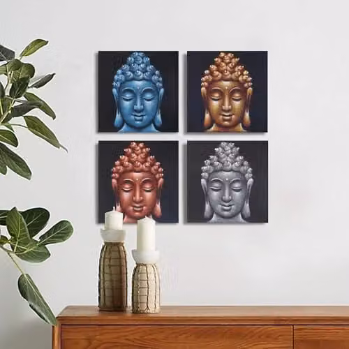 Serenityy Set of 4 Buddha Head Wall Art Paintings in Sand and Multicolour, W/H: 30 x 30 cm – 2