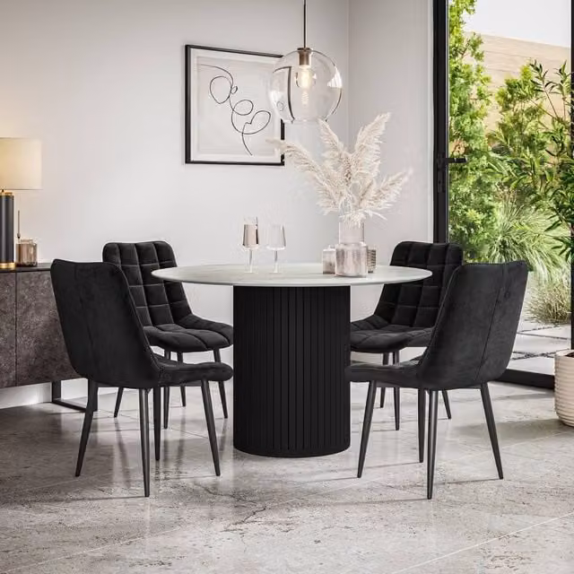 More4Homes Arlo Round White Marble Top Dining Table with Black Legs and 6 Nova Velvet Dining Chairs Set