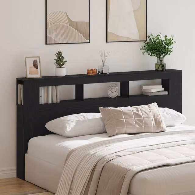 Berkfield Home Modern Storage Headboard with Integrated LED Lights and Bedside Shelf in Black Oak, W: 200 cm, D: 18.5 cm, H: 103.5 cm – 1